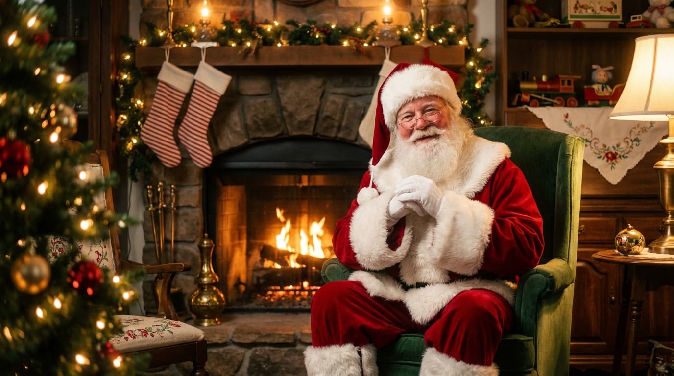 By the Fireplace - Santa relaxing in his cozy living room, checking his list.. Choose this magical backdrop for your personalized Santa video message.