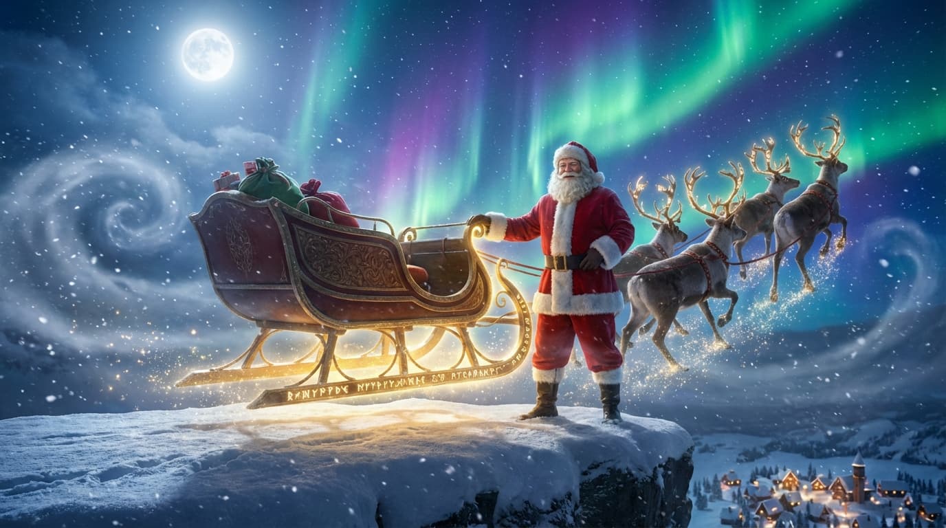 Prepare for Lift Off - Santa getting the sleigh ready for the big night.. Choose this magical backdrop for your personalized Santa video message.